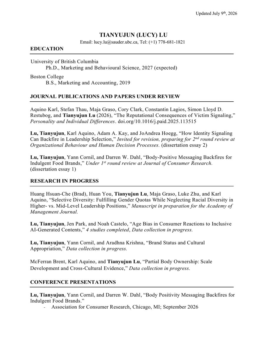 Preview of Tianyujun Lu's CV, page 1
